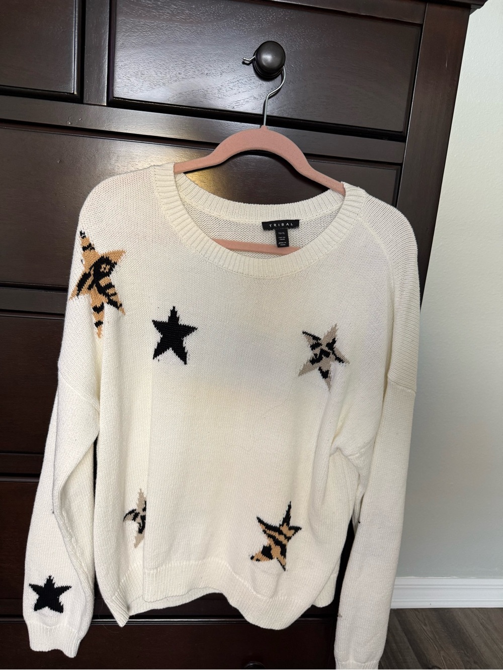 Tribal Cream Scoop Neck Star Sweater with Black & Tan Accents - Cotton